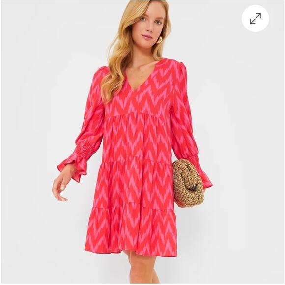 Pomander Place Dress Womens Medium Pink Kenzo Ikat Chevron Tiered Long Sleeve - Picture 2 of 11